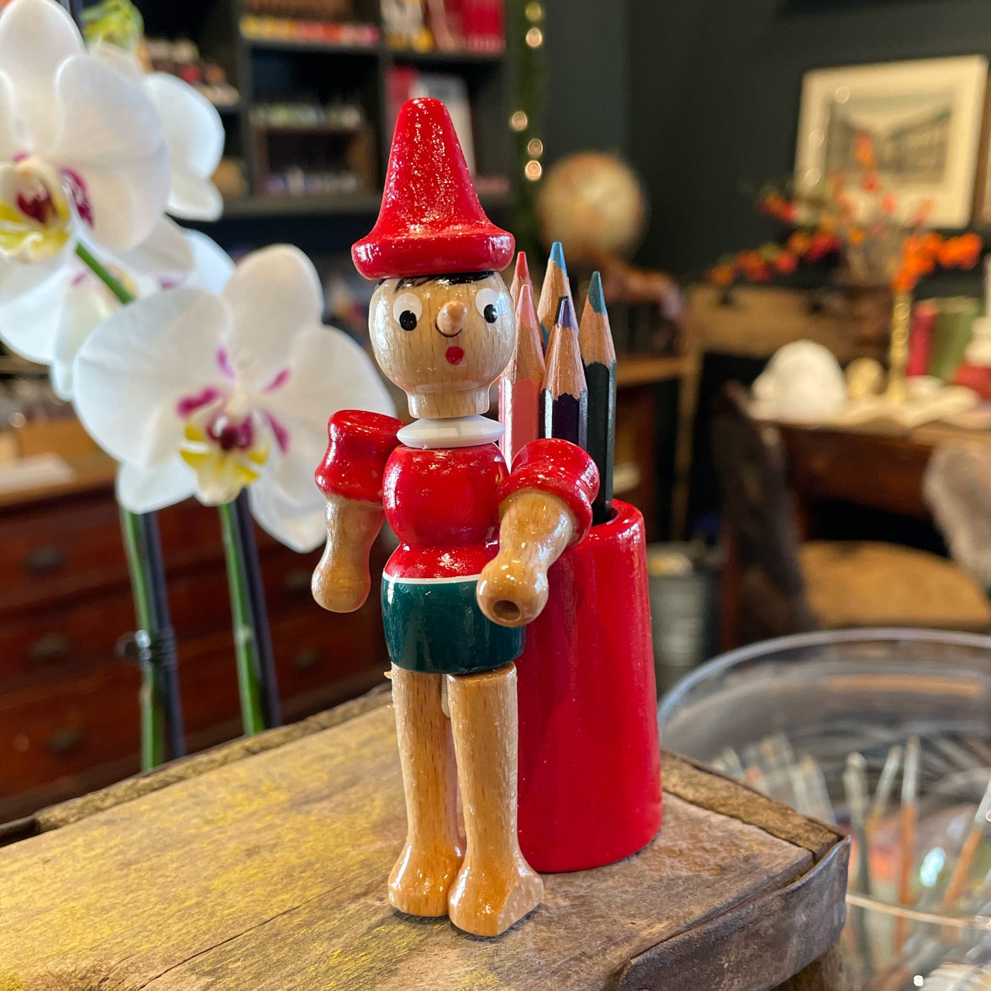 Pinocchio Wooden Pencil Holder with Pencils
