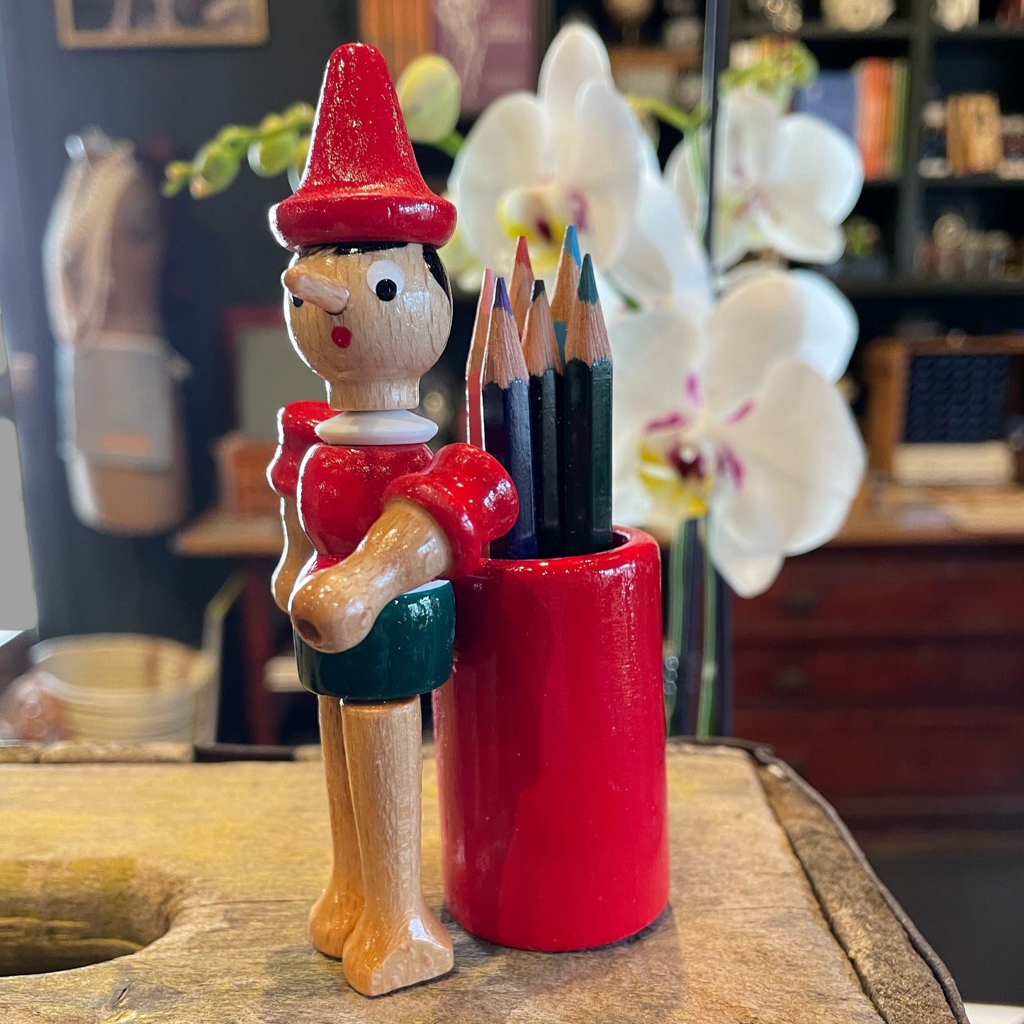 Pinocchio Wooden Pencil Holder with Pencils